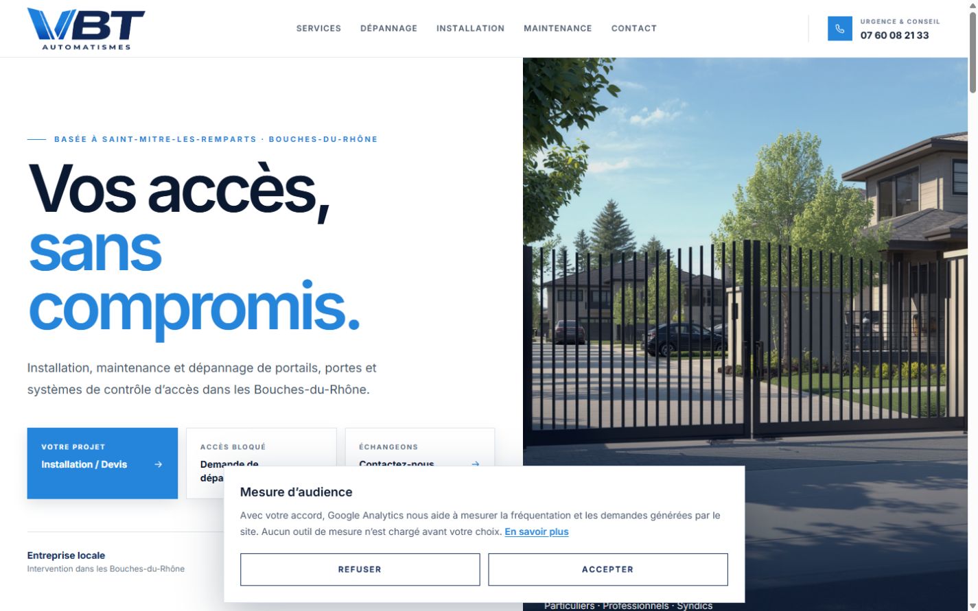 Aperçu de la page d’accueil du site VBT Automatismes sur ordinateur